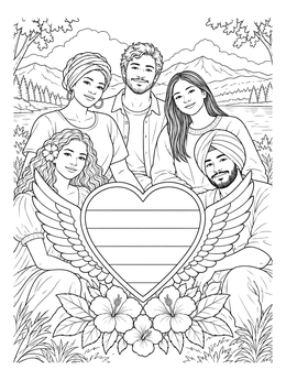 A group of friends gathered outdoors around a winged heart on this pride coloring page.