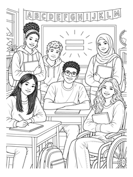 A diverse group of smiling students gather in this equality coloring page.