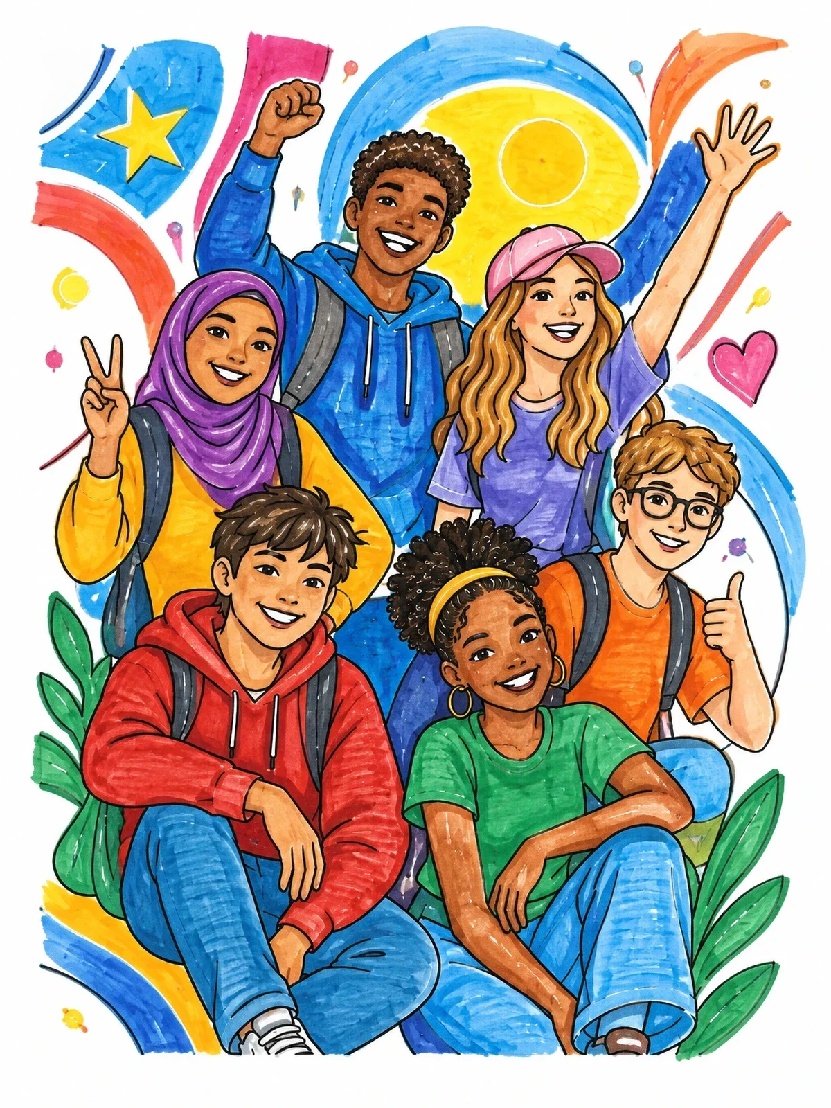 Colored example of the Cheerful Diverse Group Of Friends coloring page