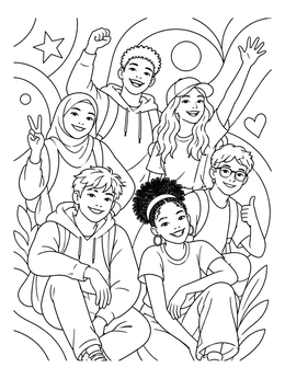 Free printable Cheerful Diverse Group Of Friends coloring page