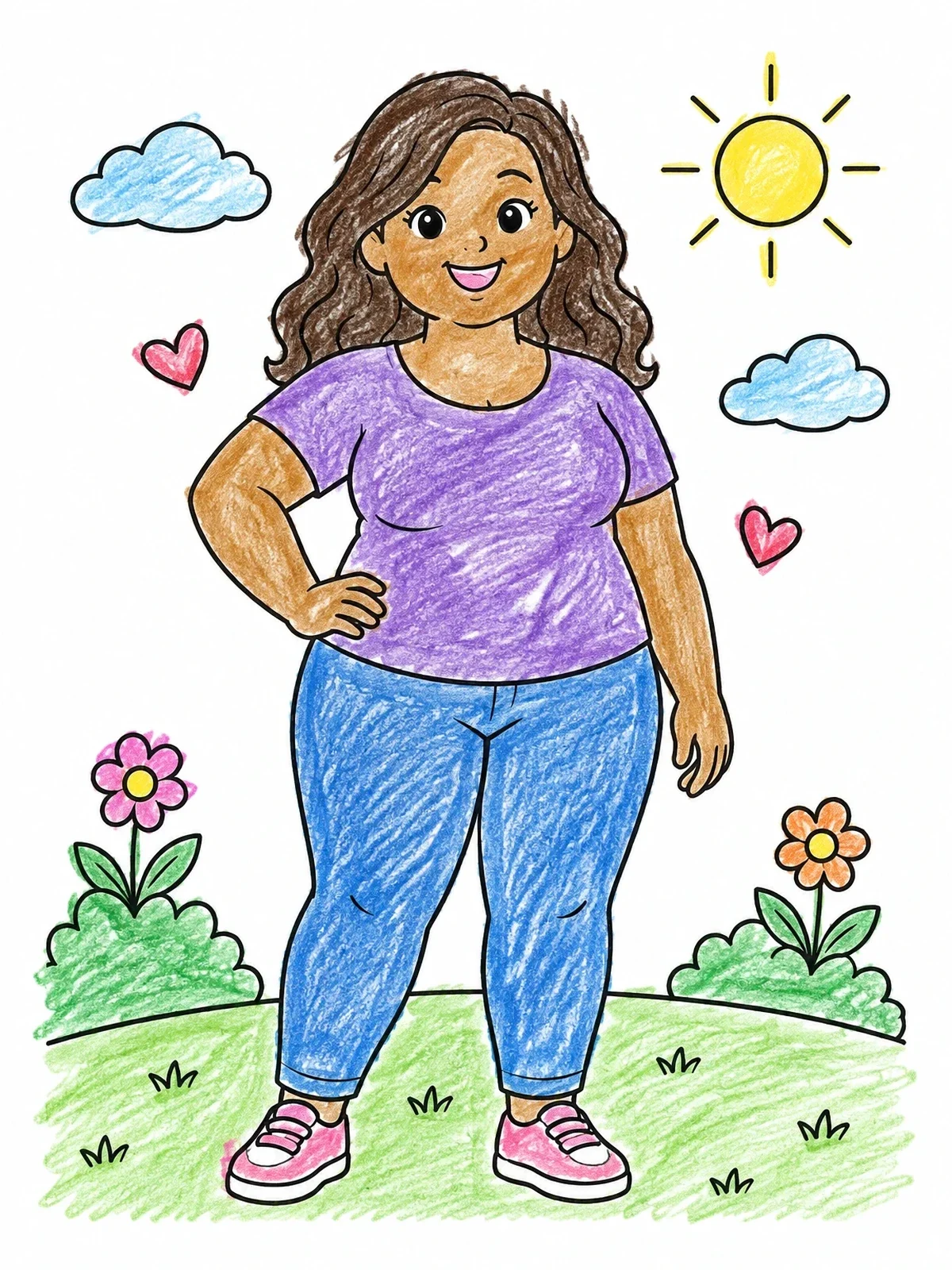 Colored example of the Cheerful Woman Outdoors coloring page