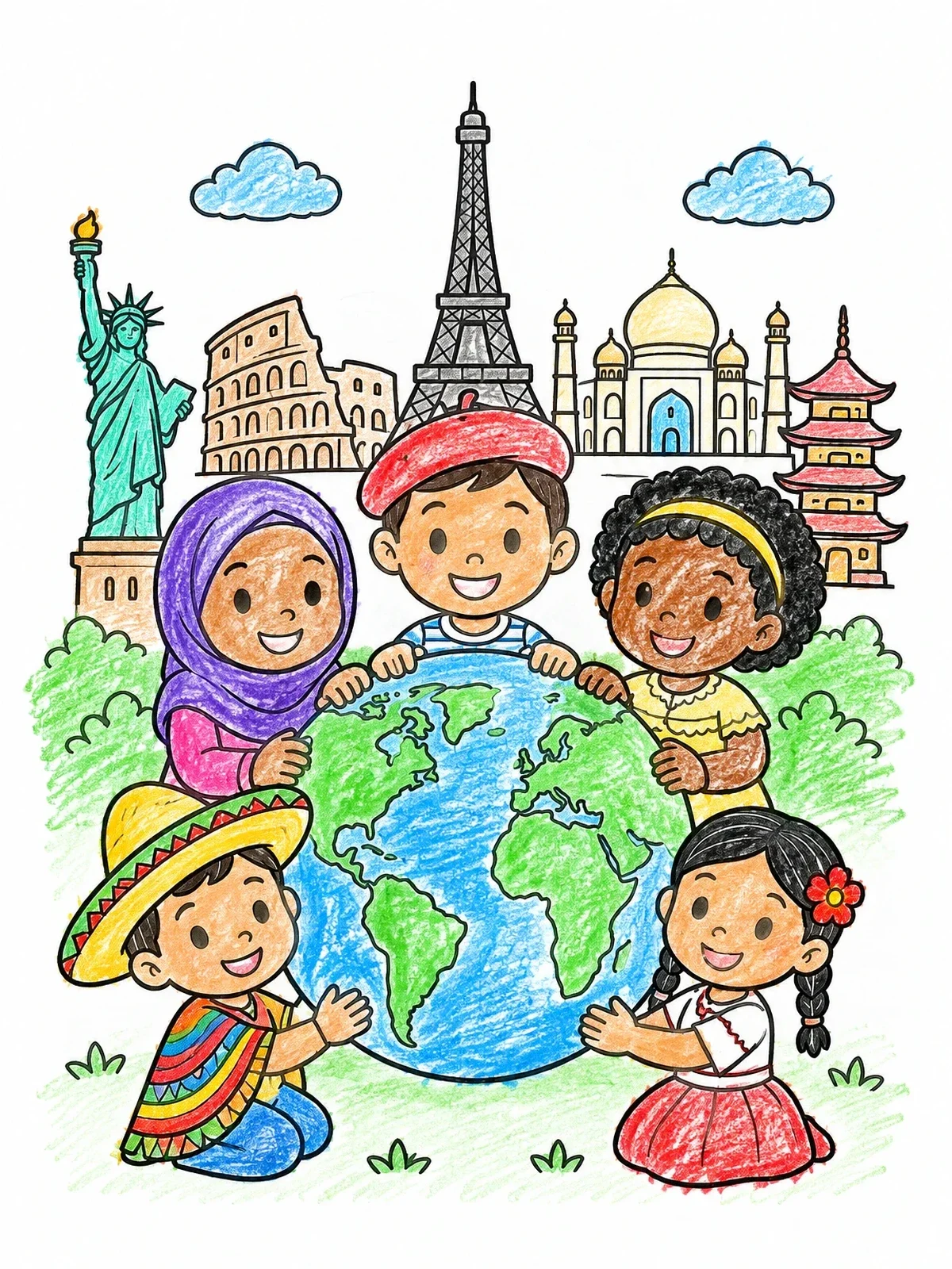 Colored example of the Children Around The World With Globe coloring page