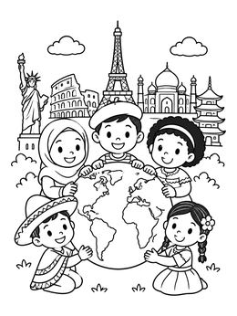 Free printable Children Around The World With Globe coloring page