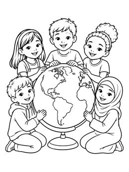 Free printable Children Gathered Around A World Globe coloring page