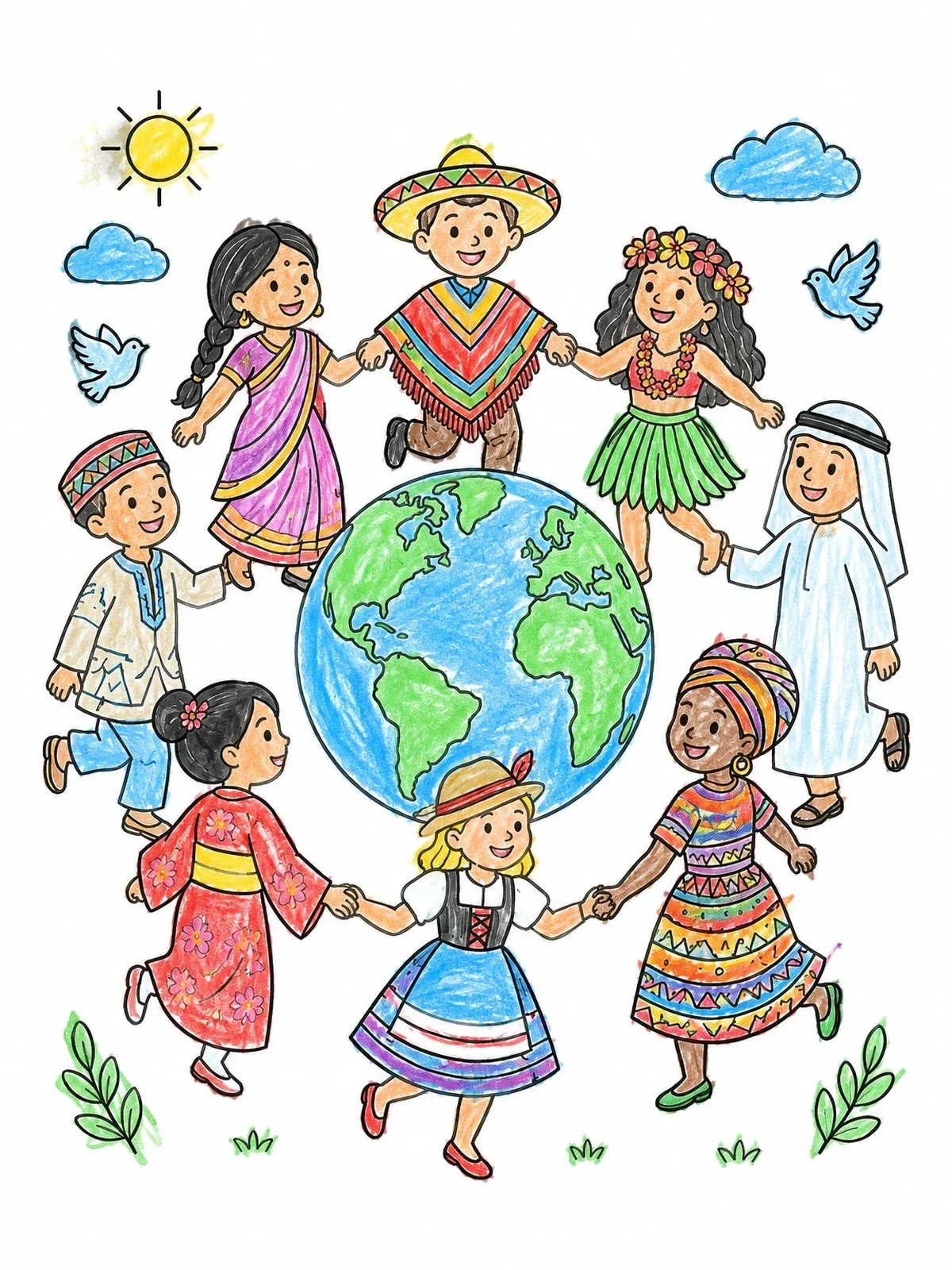 Colored example of the Children Dancing Around The Globe coloring page