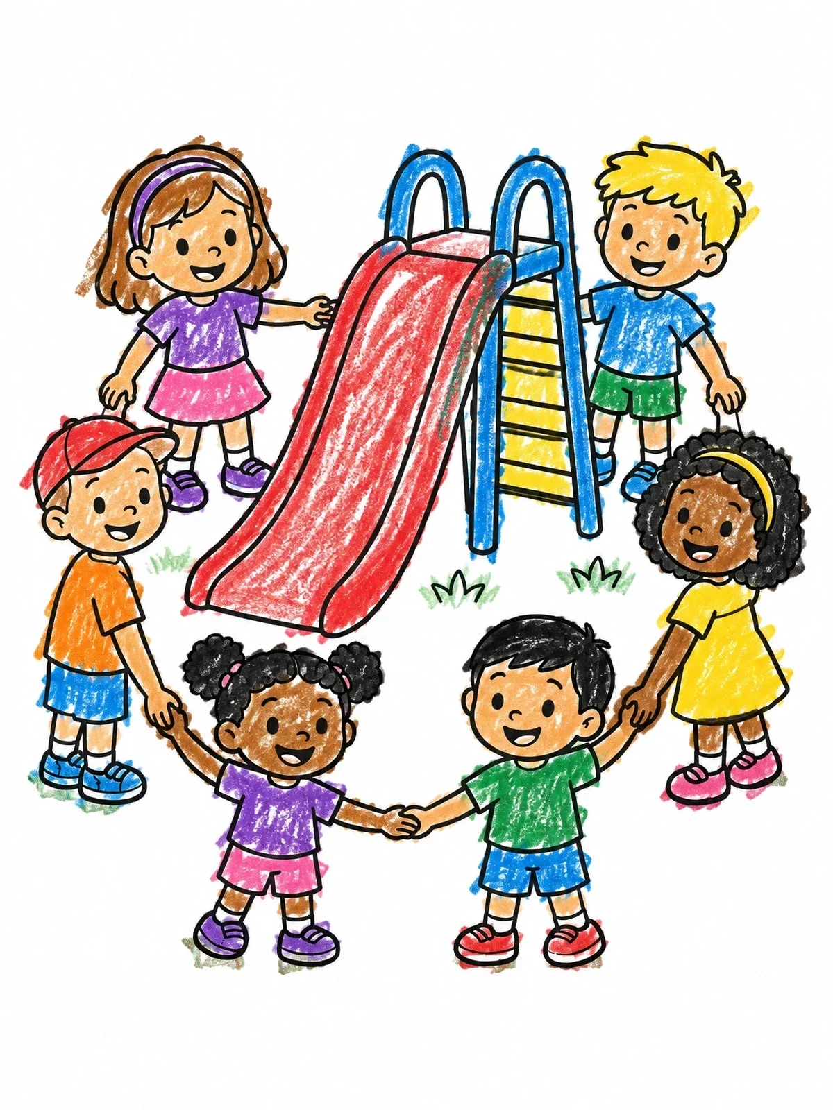 Colored example of the Children Holding Hands By The Slide coloring page