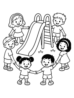 Free printable Children Holding Hands By The Slide coloring page