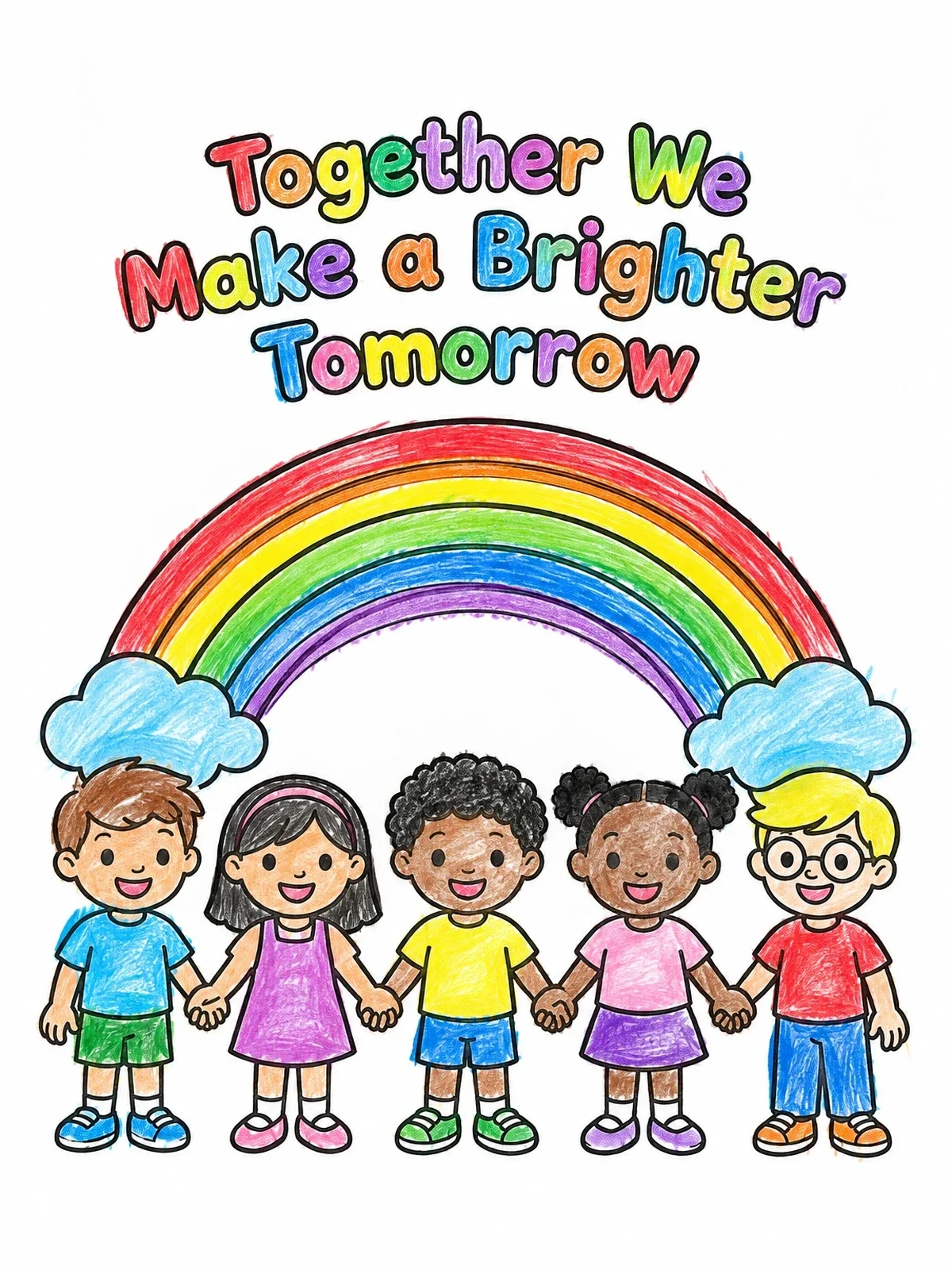 Colored example of the Children Holding Hands Under Rainbow coloring page