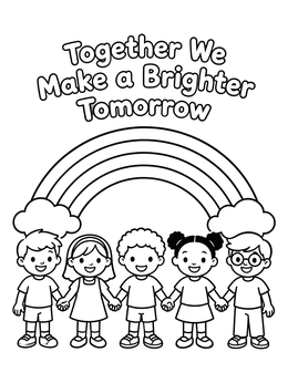 Free printable Children Holding Hands Under Rainbow coloring page