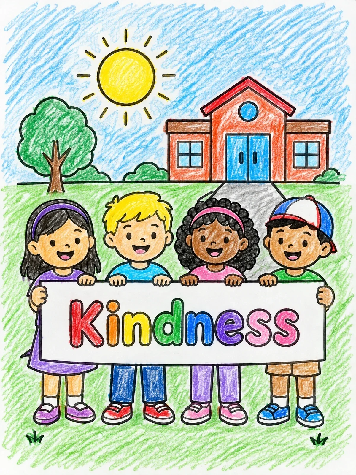Colored example of the Children Holding Kindness Banner At School coloring page