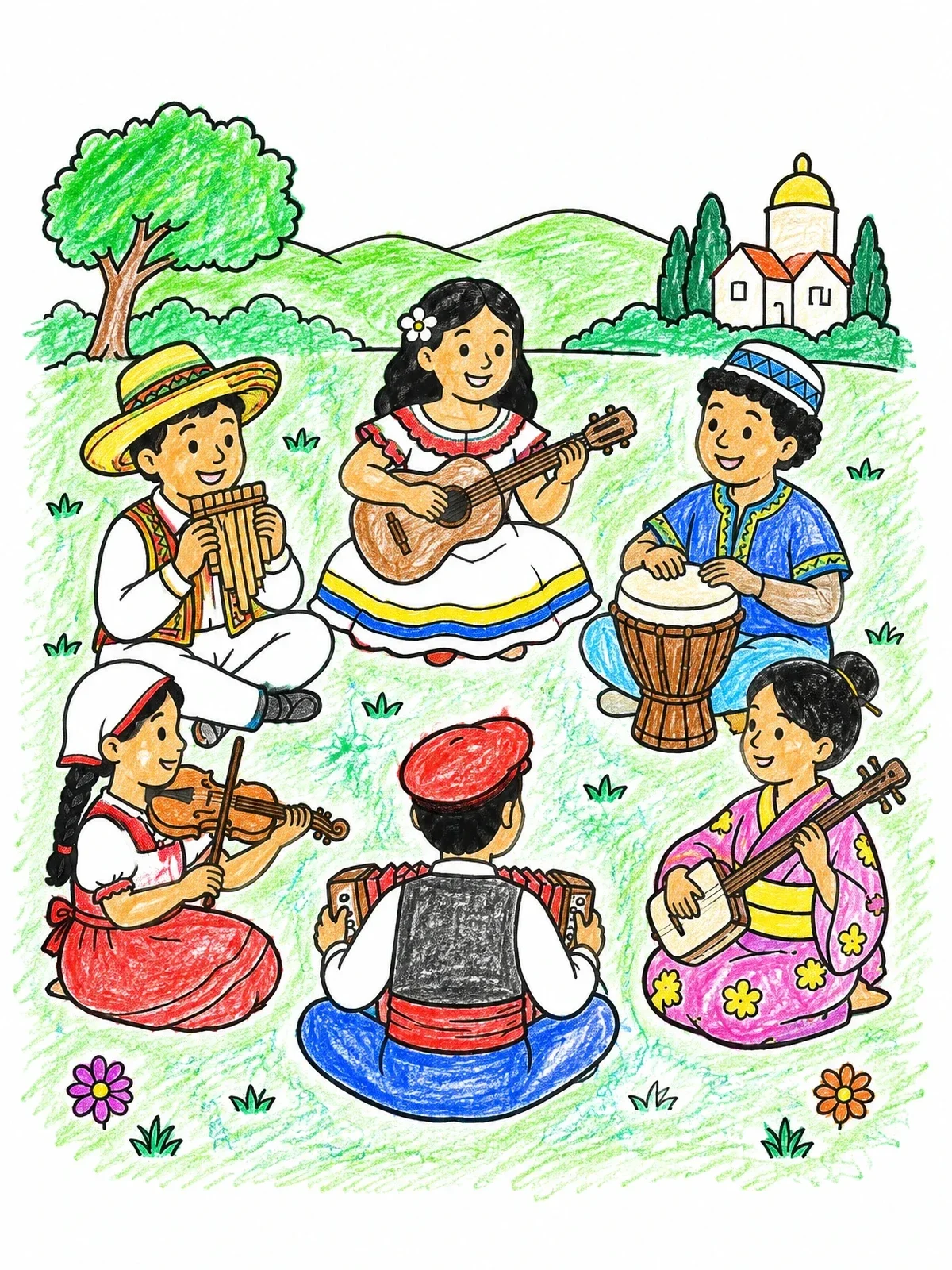 Colored example of the Children Making Music In A Circle coloring page