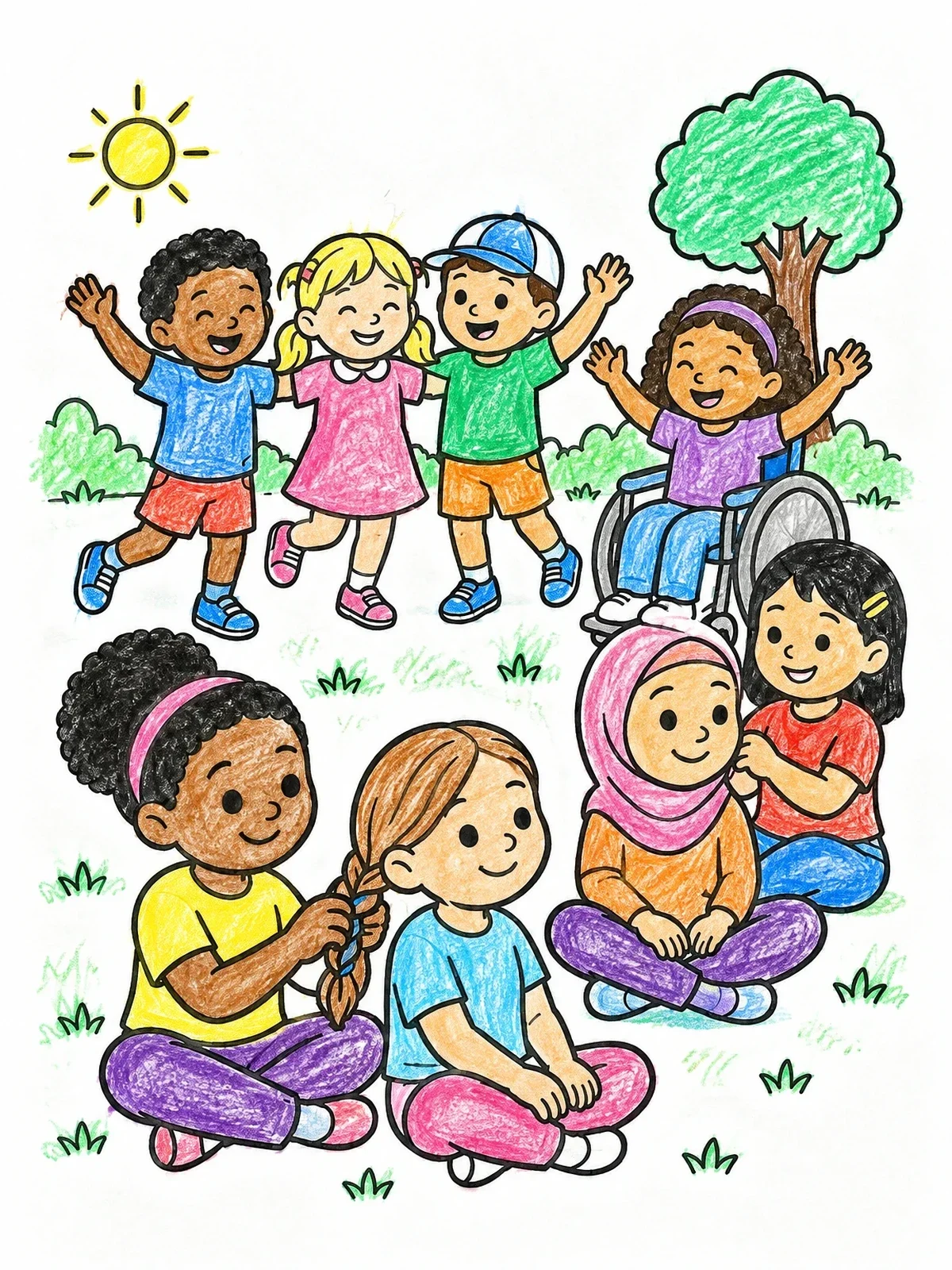 Colored example of the Diverse Children Playing In The Park coloring page