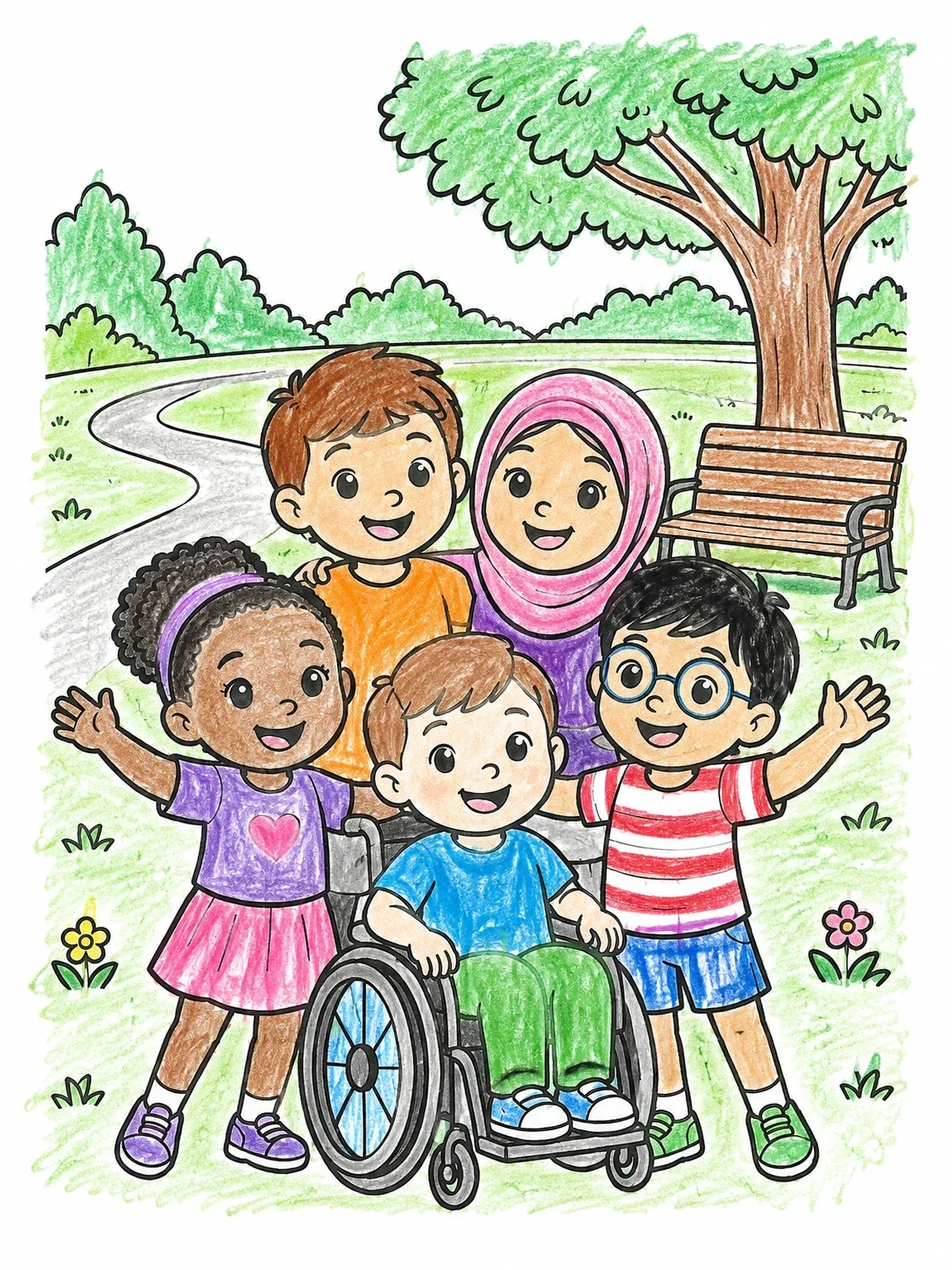 Colored example of the Diverse Children Smiling In The Park coloring page