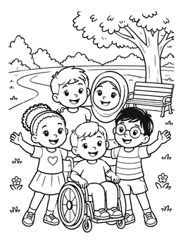 Free printable Diverse Children Smiling In The Park coloring page