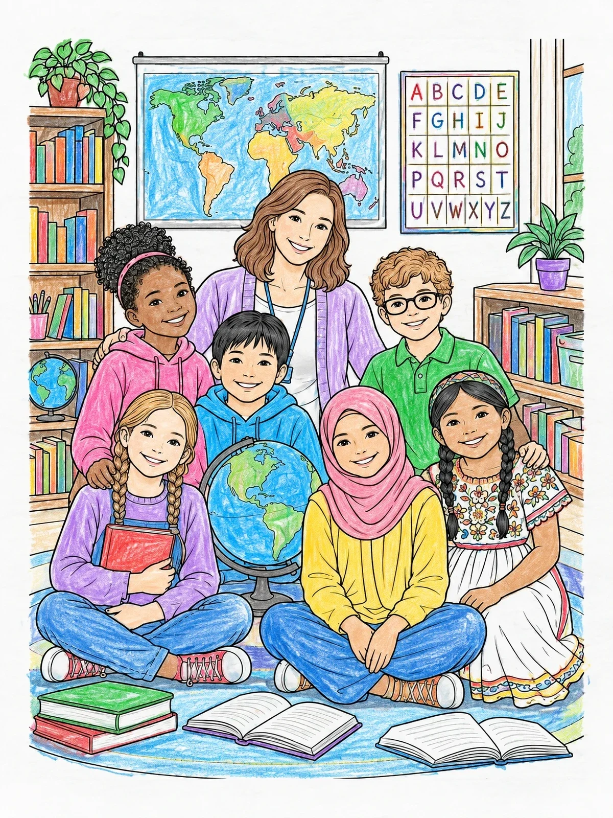 Colored example of the Diverse Classroom With Teacher And Students coloring page