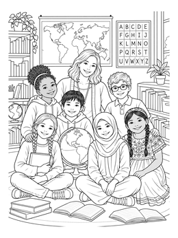Free printable Diverse Classroom With Teacher And Students coloring page