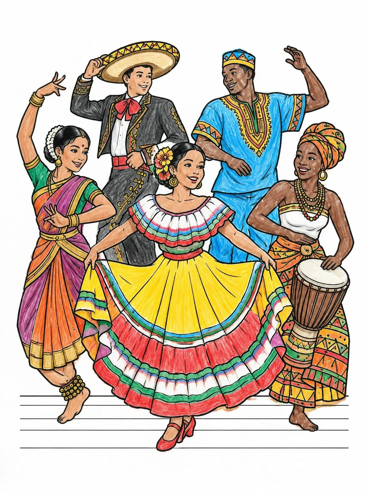 Colored example of the Diverse Cultural Dancers Performing Together coloring page