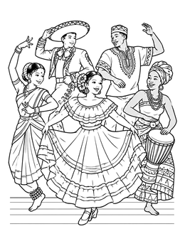Free printable Diverse Cultural Dancers Performing Together coloring page