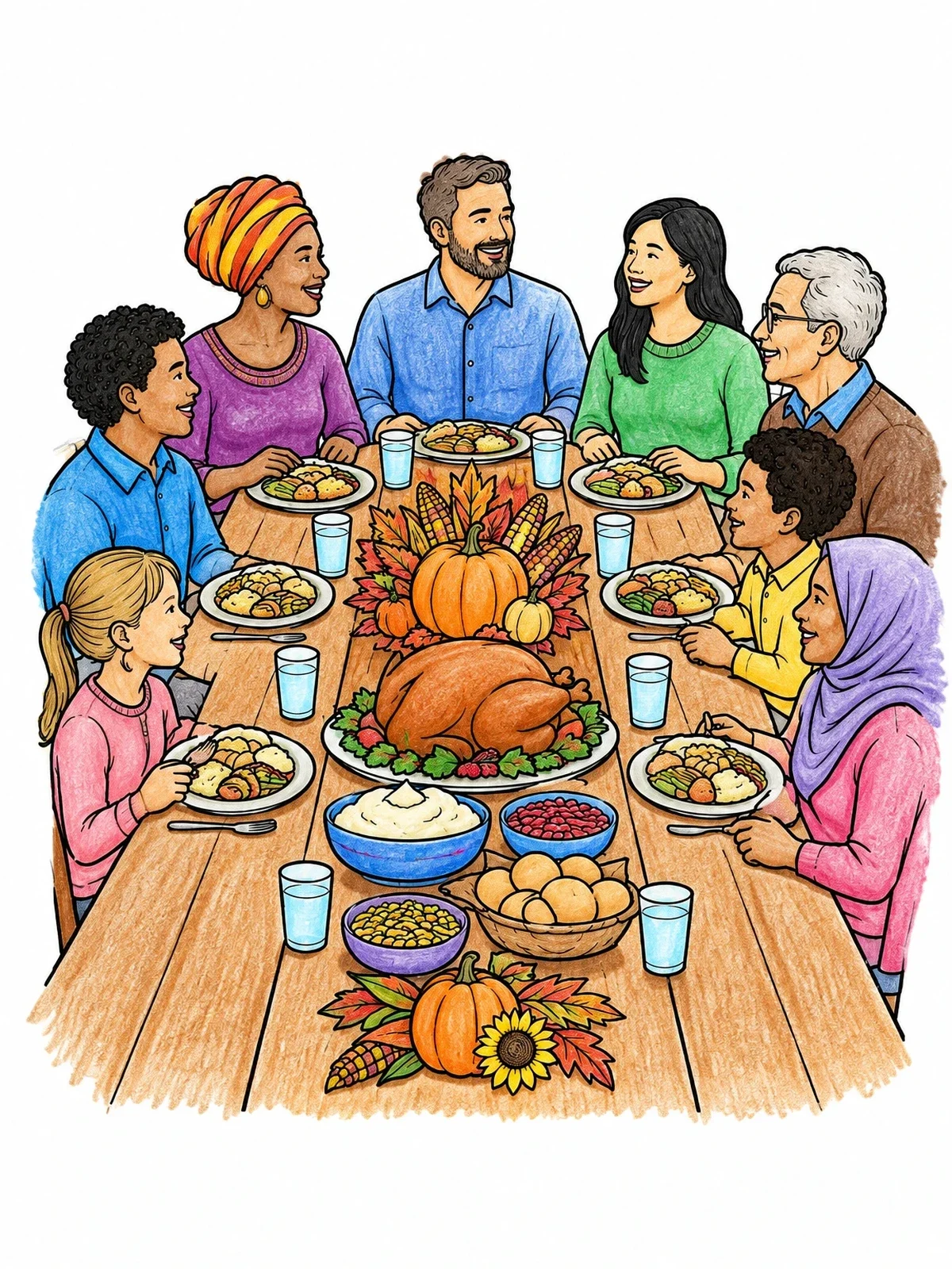 Colored example of the Diverse Family Harvest Dinner Feast coloring page