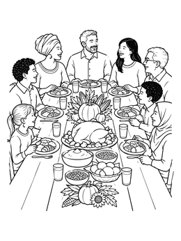 Free printable Diverse Family Harvest Dinner Feast coloring page