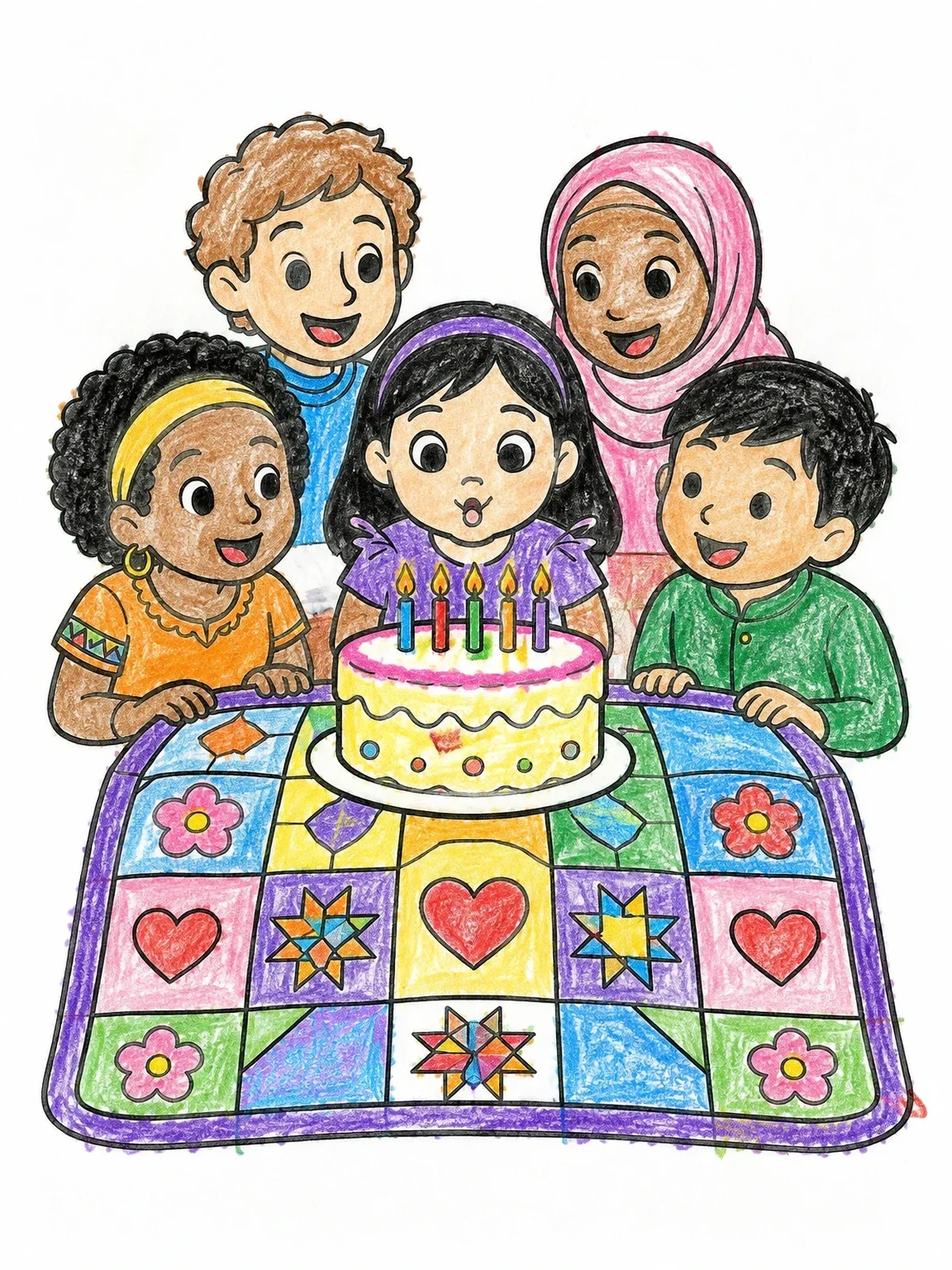 Colored example of the Diverse Friends Celebrating Birthday Cake coloring page