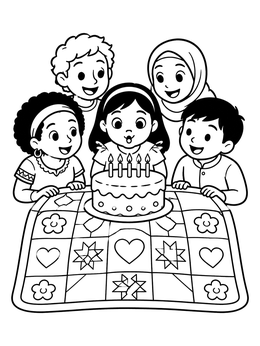 Free printable Diverse Friends Celebrating Birthday Cake coloring page