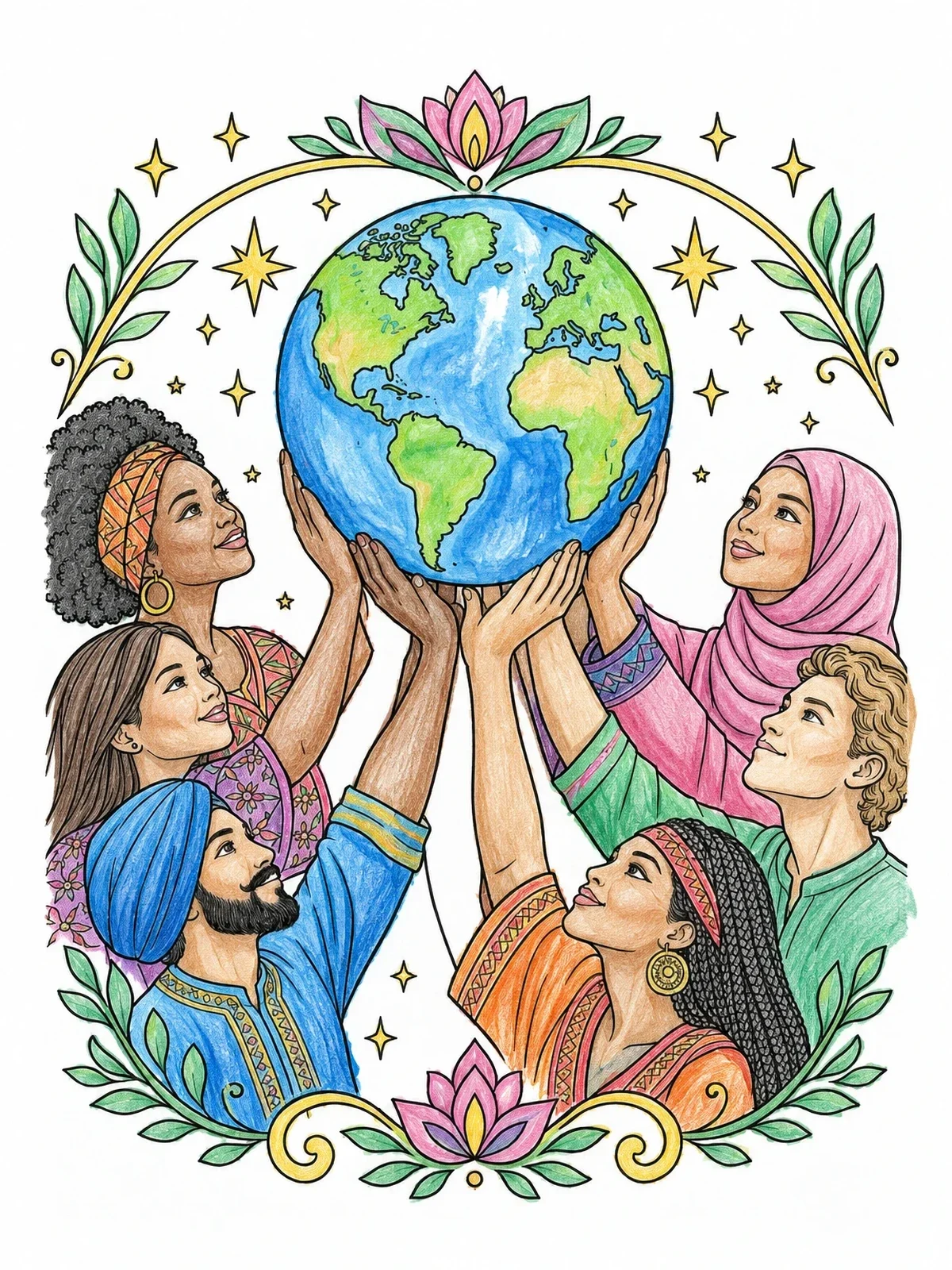 Colored example of the Diverse People Holding Planet Earth coloring page