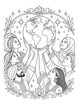 Free printable Diverse People Holding Planet Earth coloring page