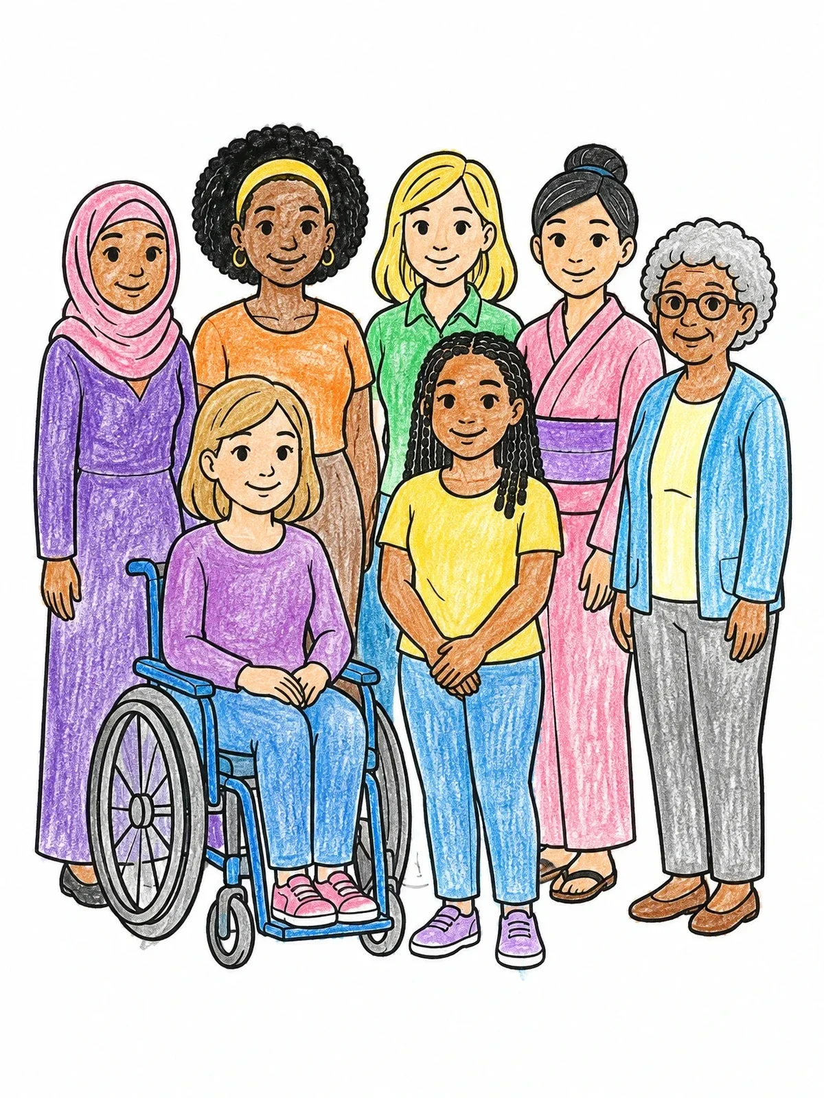 Colored example of the Diverse Smiling Women Group Portrait coloring page