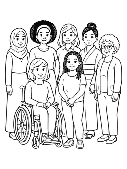 Free printable Diverse Smiling Women Group Portrait coloring page