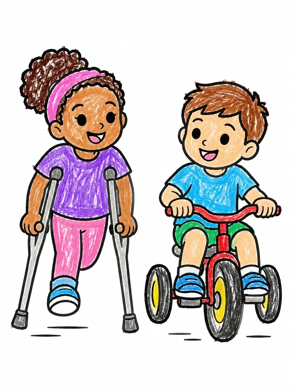 Colored example of the Friends Racing On Crutches And Tricycle coloring page