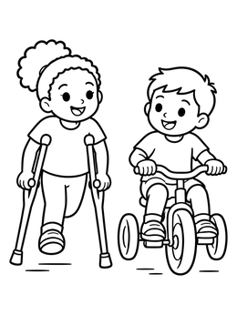 Free printable Friends Racing On Crutches And Tricycle coloring page