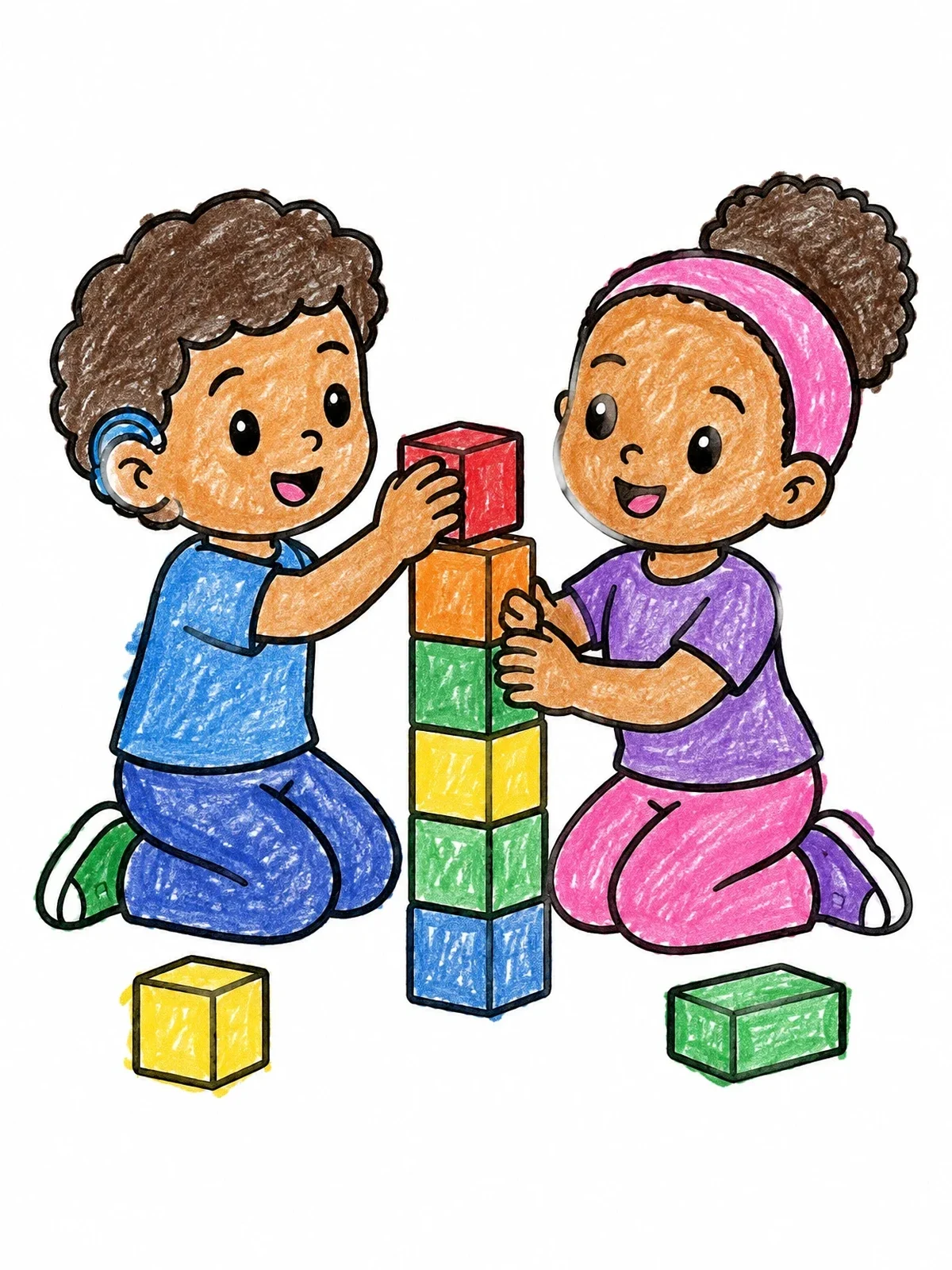 Colored example of the Children Building A Block Tower Together coloring page