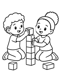 Free printable Children Building A Block Tower Together coloring page