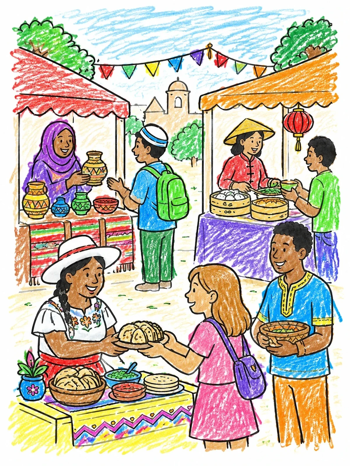 Colored example of the Lively Multicultural Street Food Market coloring page