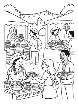 Free printable Lively Multicultural Street Food Market coloring page