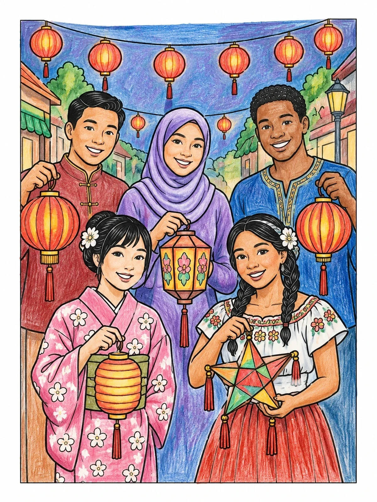 Colored example of the Neighbors Celebrating With Cultural Lanterns coloring page