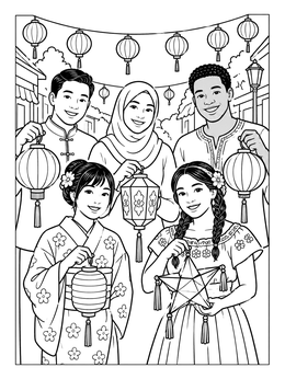Free printable Neighbors Celebrating With Cultural Lanterns coloring page