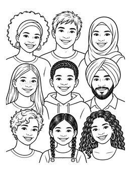 Free printable Smiling Diverse Portraits Collage coloring page