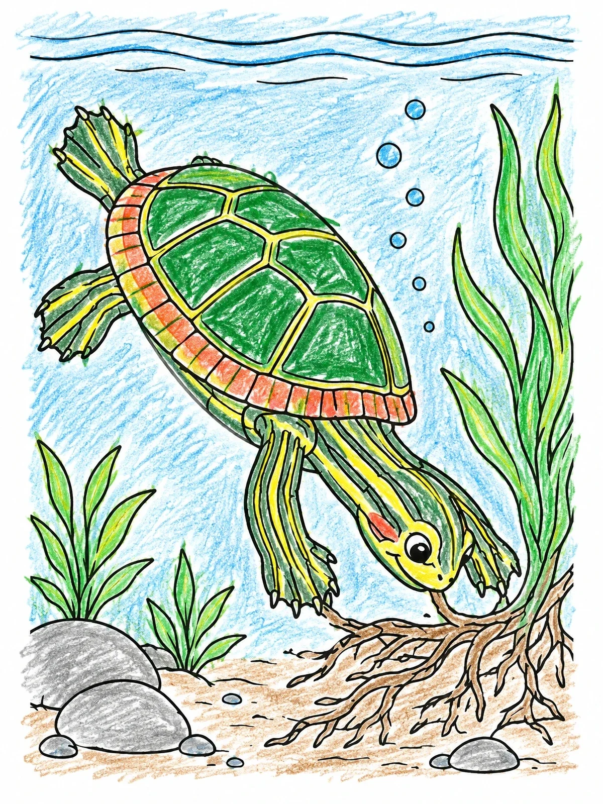 Colored example of the Diving Painted Turtle Near Plant Roots coloring page