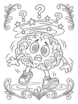 A cartoon brain coloring page showing a dizzy brain character stumbling around with spinning stars and question marks.