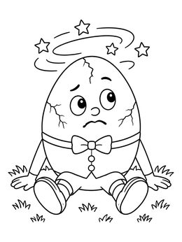 A dizzy humpty dumpty coloring page with cracked shell and swirling stars.