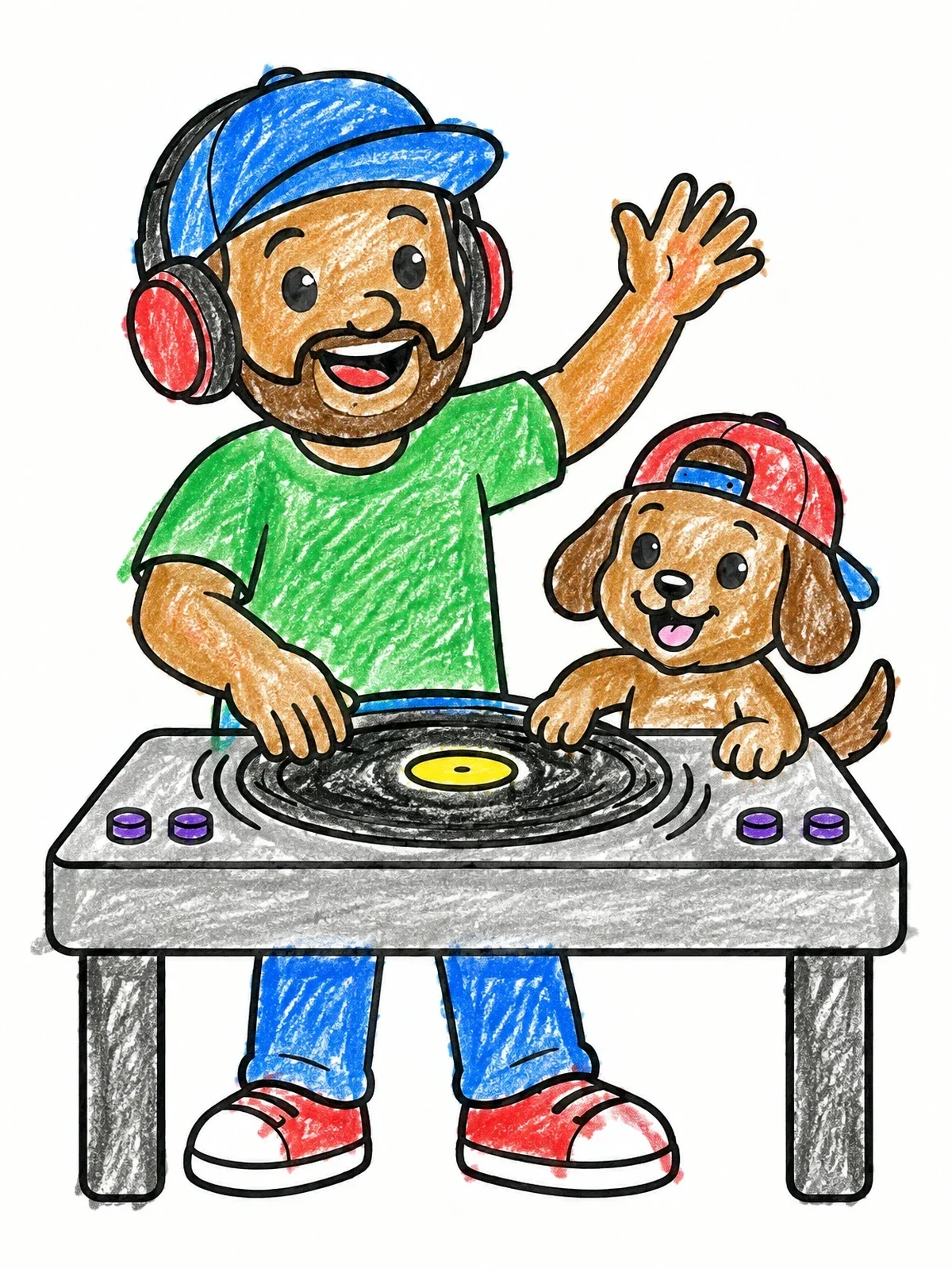 Colored example of the Dj And Cute Dog At The Turntable coloring page
