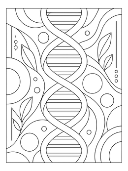 An intricate dna coloring page featuring a vertical double helix and decorative nature patterns.