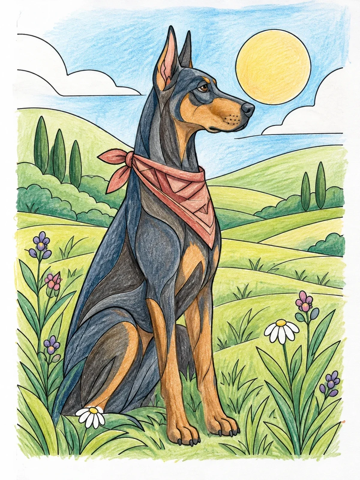 Colored example of the Regal Doberman In Sunny Meadow coloring page