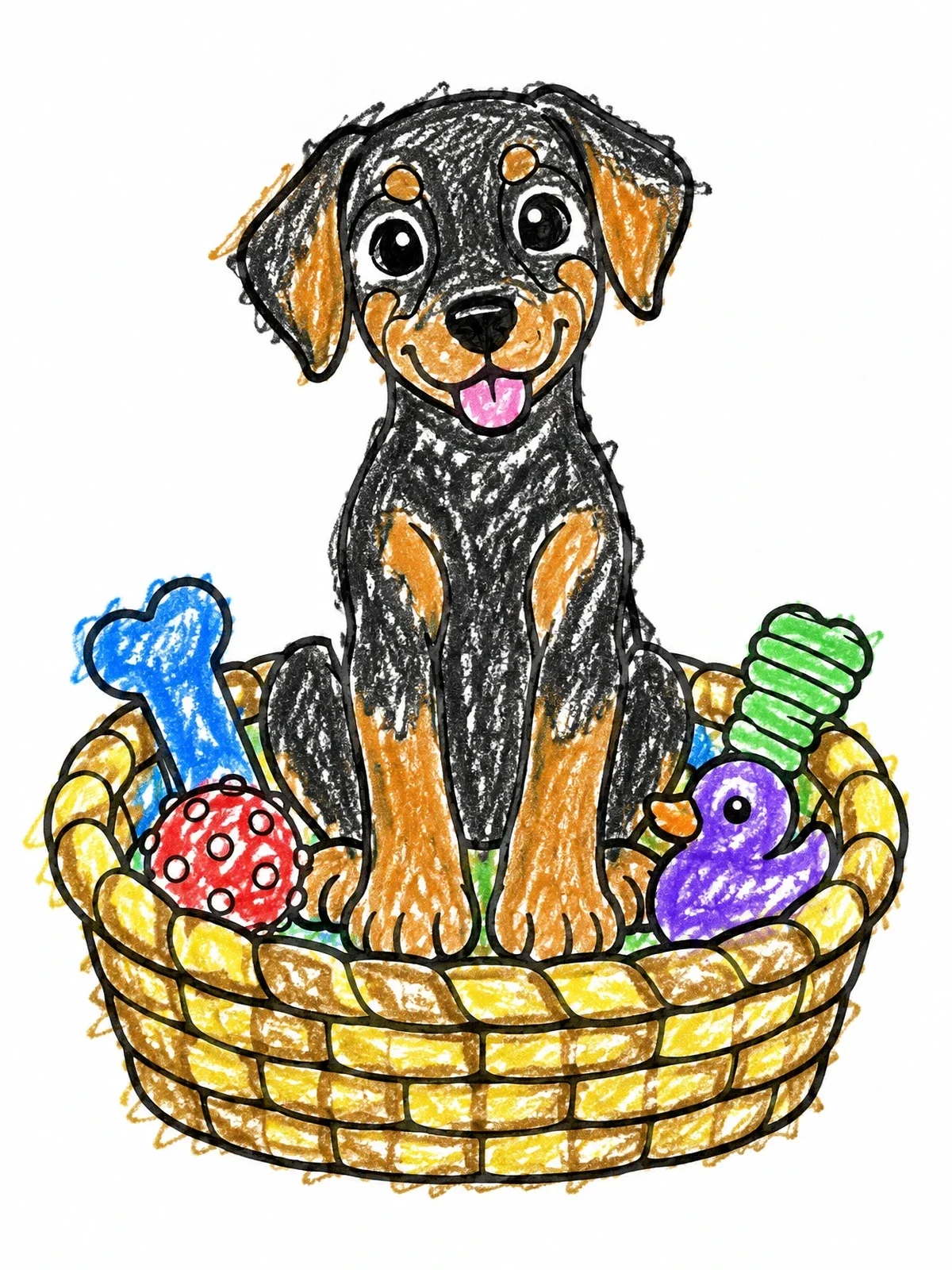 Colored example of the Playful Puppy In A Basket coloring page