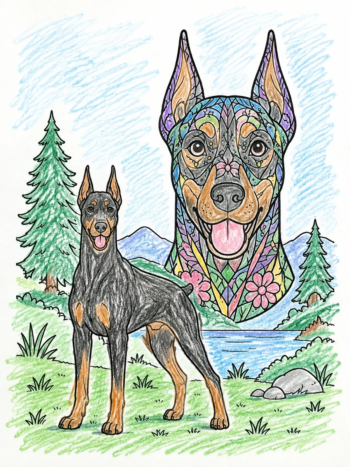 Colored example of the Doberman Portrait And Zentangle Pattern coloring page