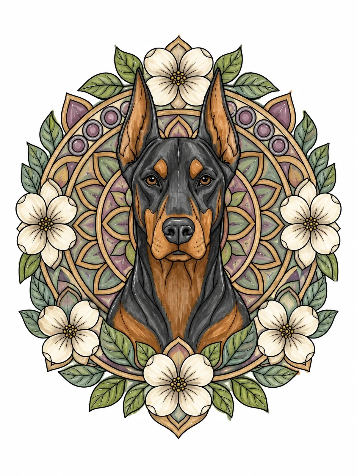 Colored example of the Doberman Portrait In Floral Mandala coloring page