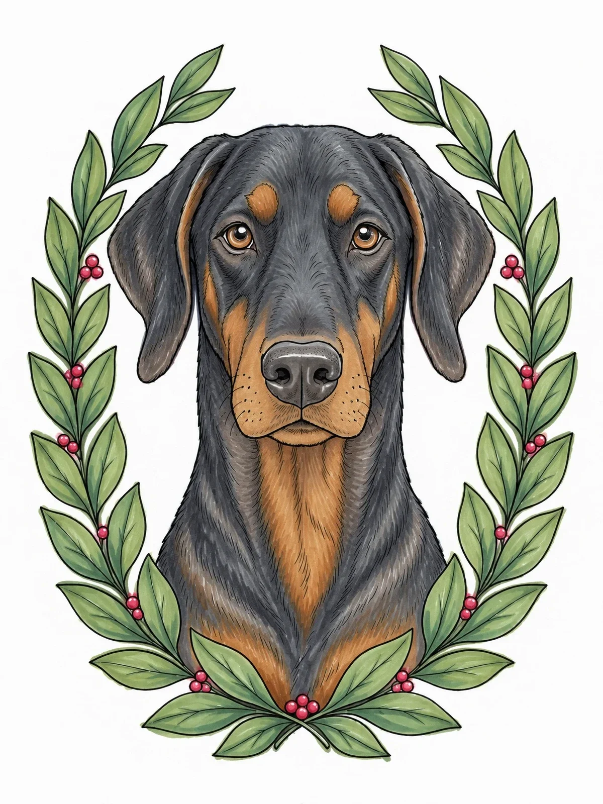 Colored example of the Doberman Portrait With Laurel Wreath coloring page