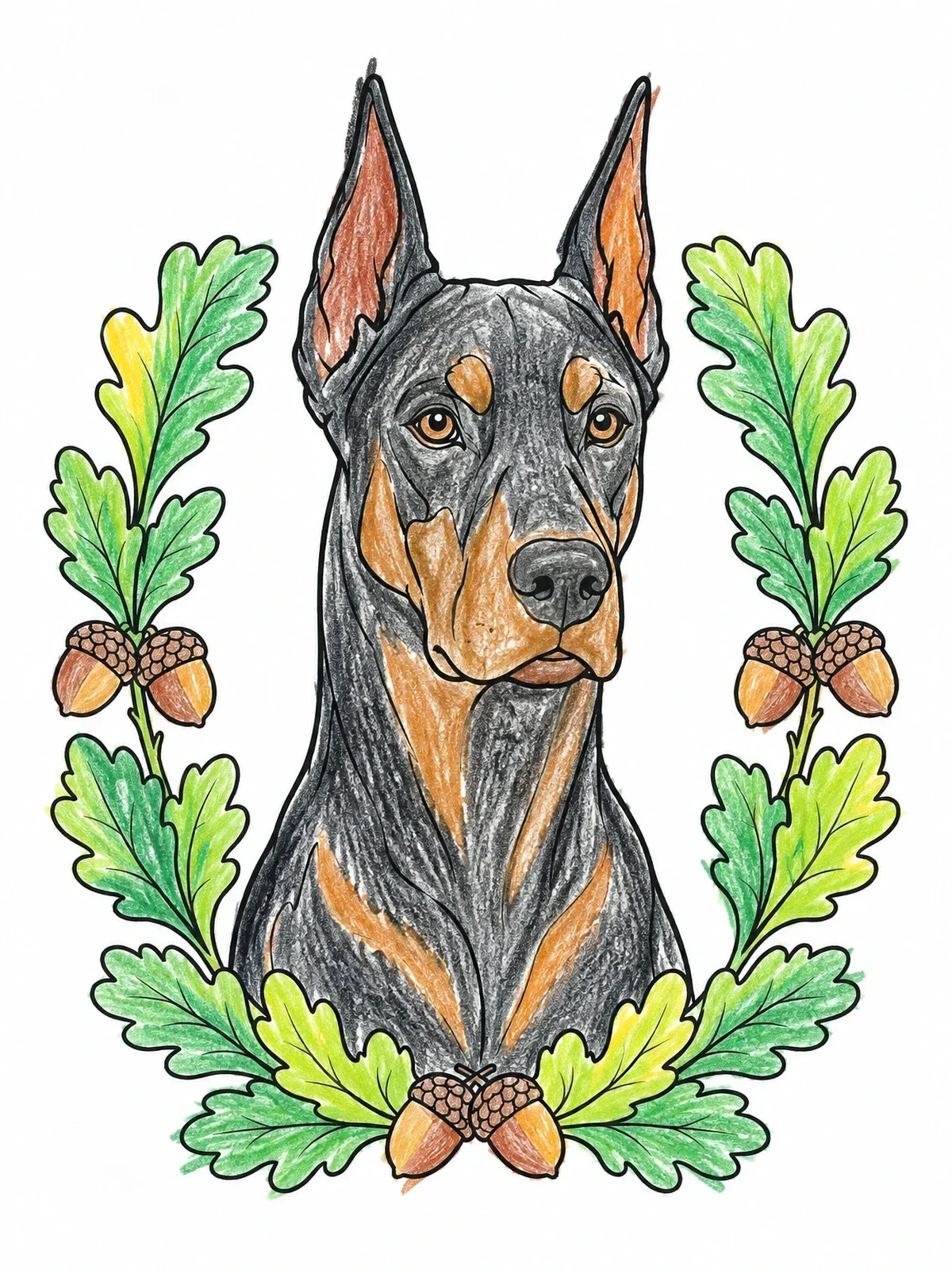 Colored example of the Doberman Portrait With Oak Leaves coloring page